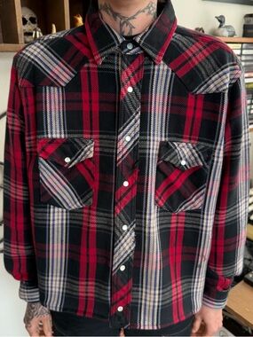 Vintage 80s Wrangler Plaid Flannel Pearl Snap Cropped Boxy Western ~ Size XL